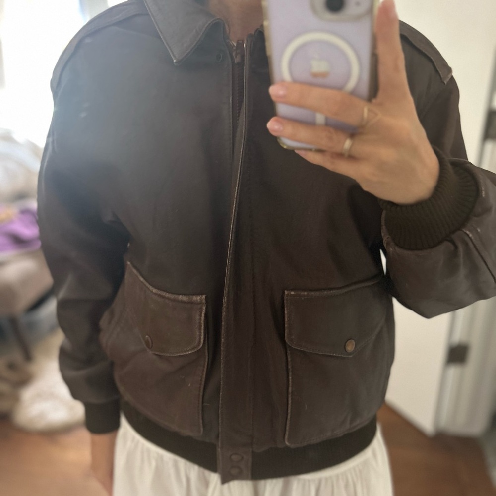 Women's Brown Leather Bomber Jacket - Picture 2 of 6